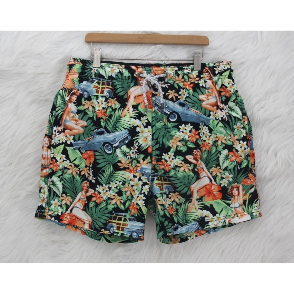 Island Haze Tropical Hawaiian Print Swim Shorts Size M Trunks Lined Pin Up #1430